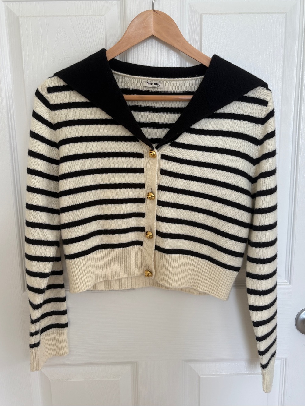 Miu Miu Striped Navy and Cream Button-Front Sailor Cardigan